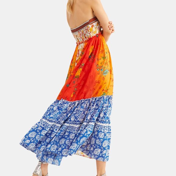 Free People Golden Dreams mixed print Strapless Ruffle Maxi Dress Size Medium - Picture 11 of 12